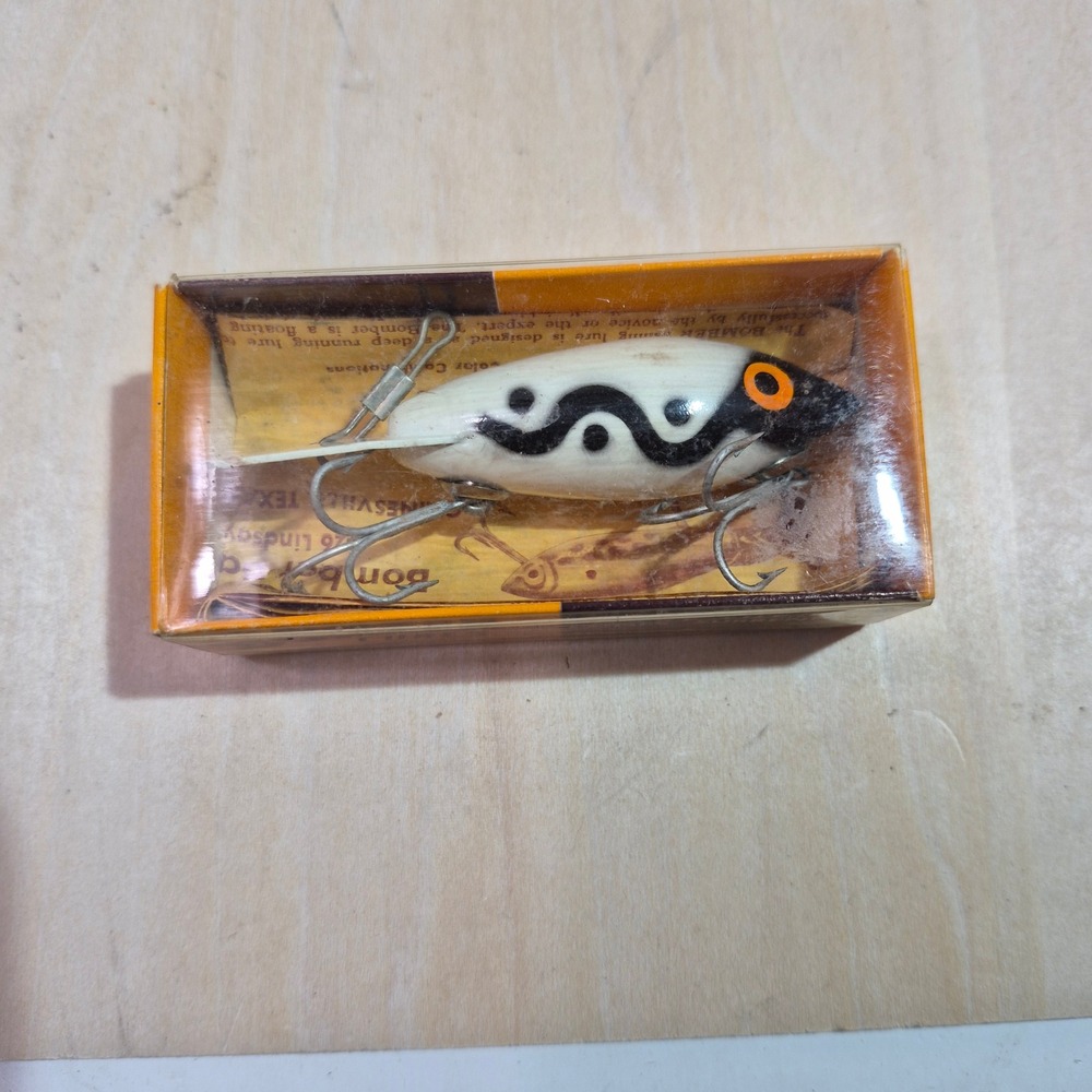 Vintage Bomber Lure White Black Orange Eye Diving Fishing Bait‎ Model 408 Box